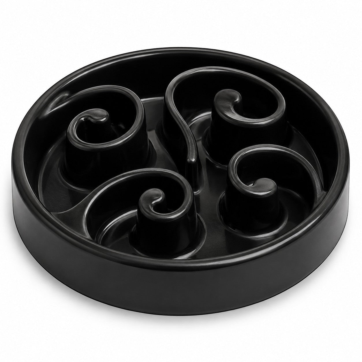 Tap2Own black plastic slow feeder dog bowl with spiral design to prevent fast eating.