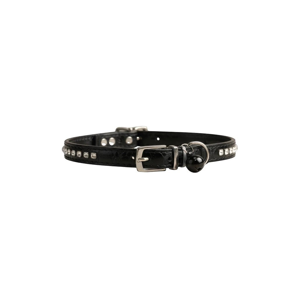Tap2Own black faux leather cat collar with crocodile texture, rhinestones, bell, and buckle closure.