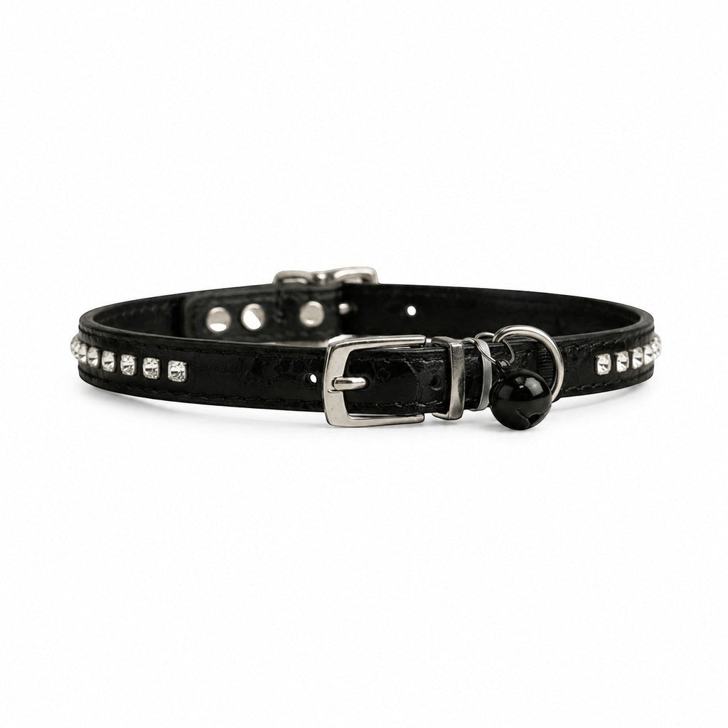 Tap2Own black faux leather cat collar with crocodile texture, rhinestones, bell, and buckle closure.