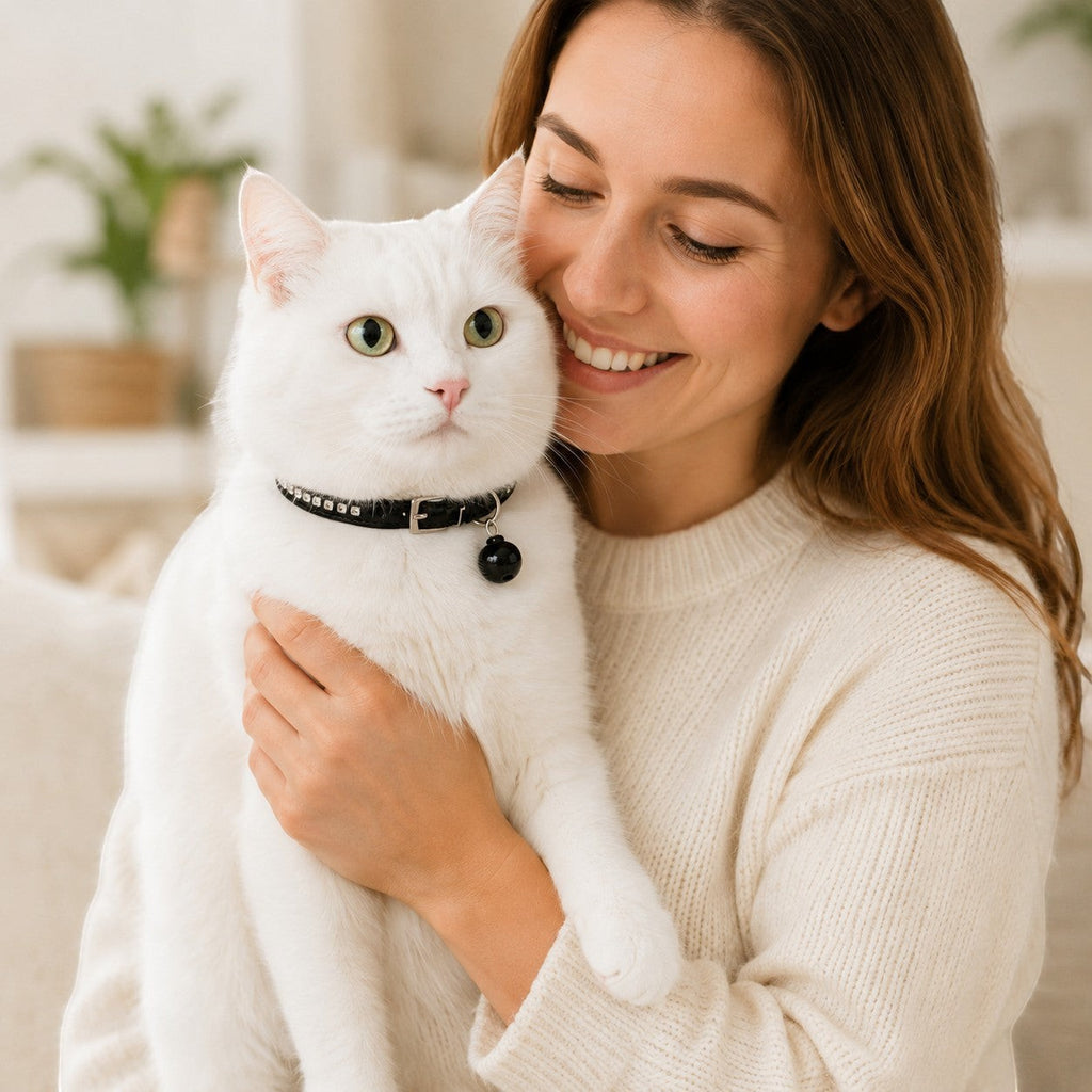 Tap2Own black faux leather cat collar with rhinestones and bell on white cat held by smiling woman