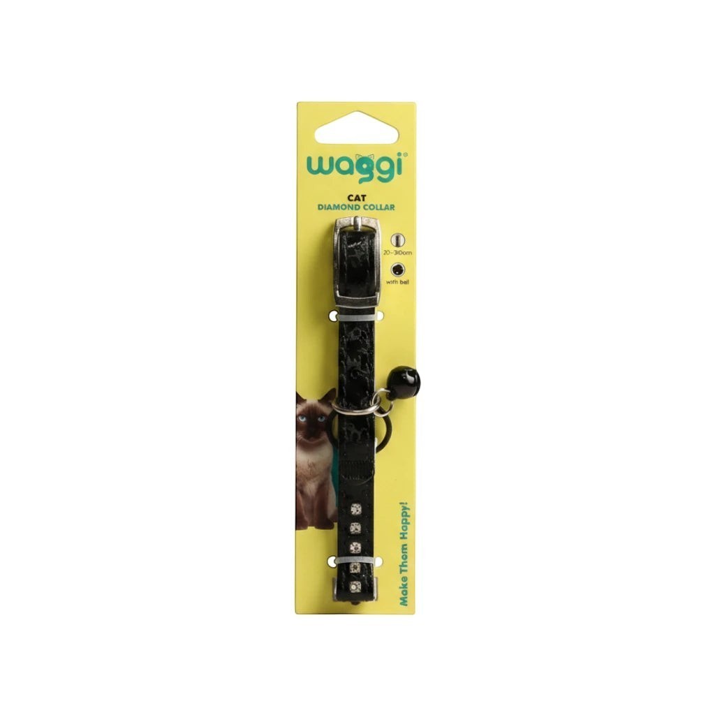 Tap2Own black faux leather cat collar with crocodile texture, rhinestones, and bell. Adjustable buckle for secure fit.