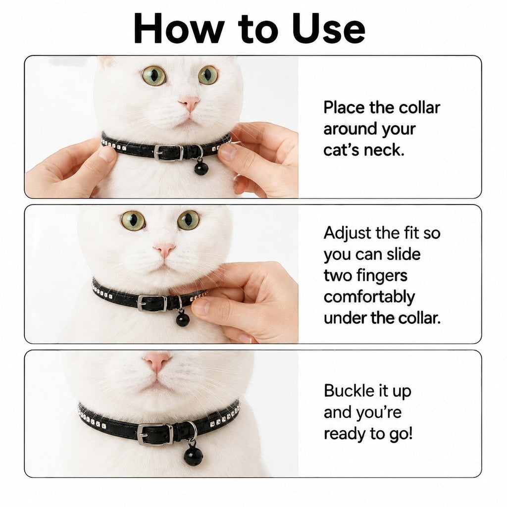 Tap2Own black faux leather cat collar with rhinestones and bell, adjustable buckle closure.