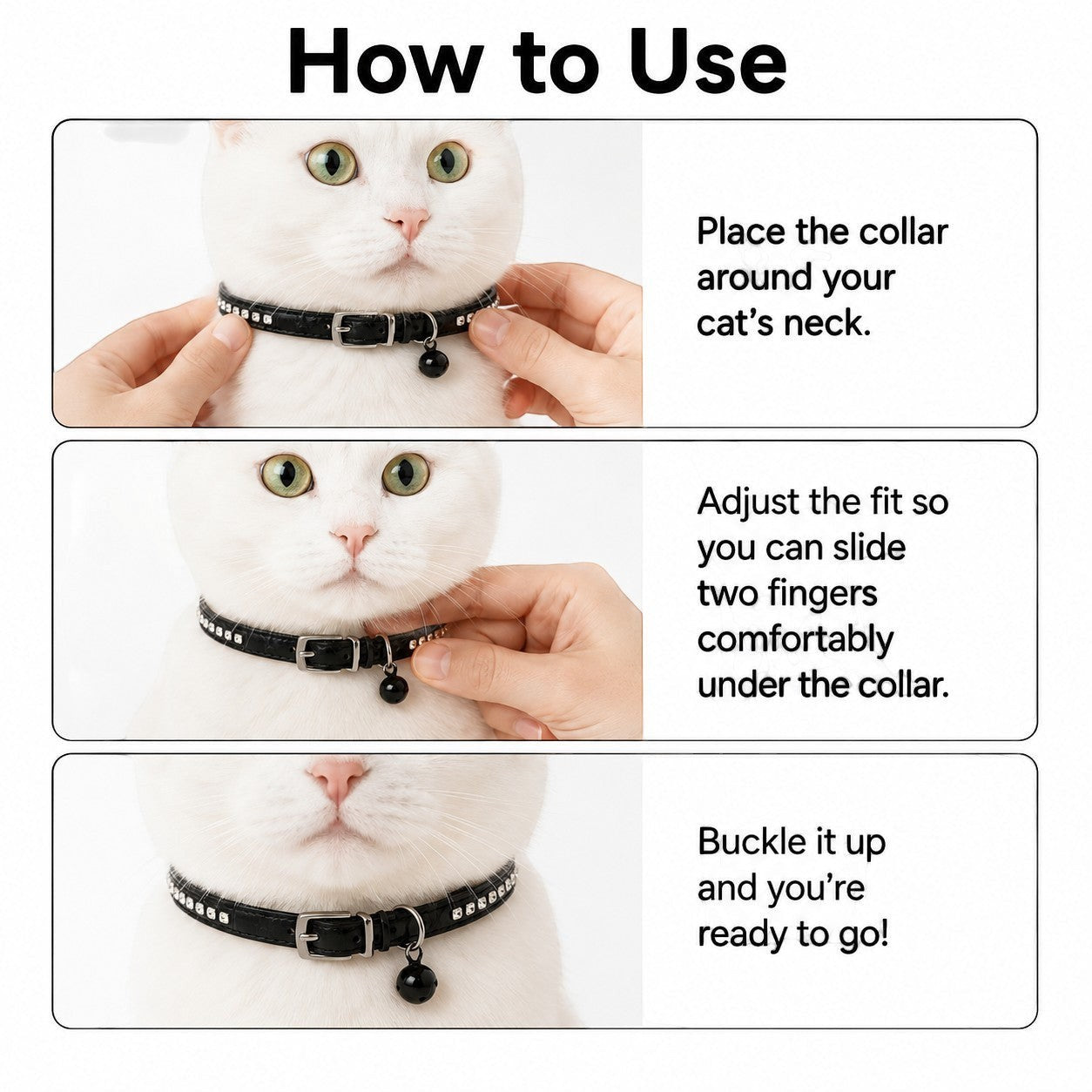 Tap2Own black faux leather cat collar with rhinestones and bell, adjustable buckle closure.
