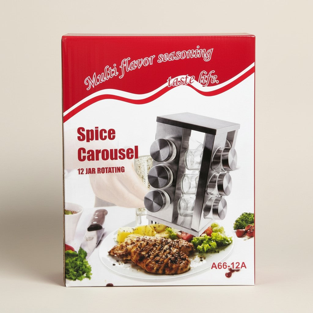 Tap2Own Spice Carousel 12 Jar Rotating Spice Rack Organizer with stainless steel accents and clear glass jars.
