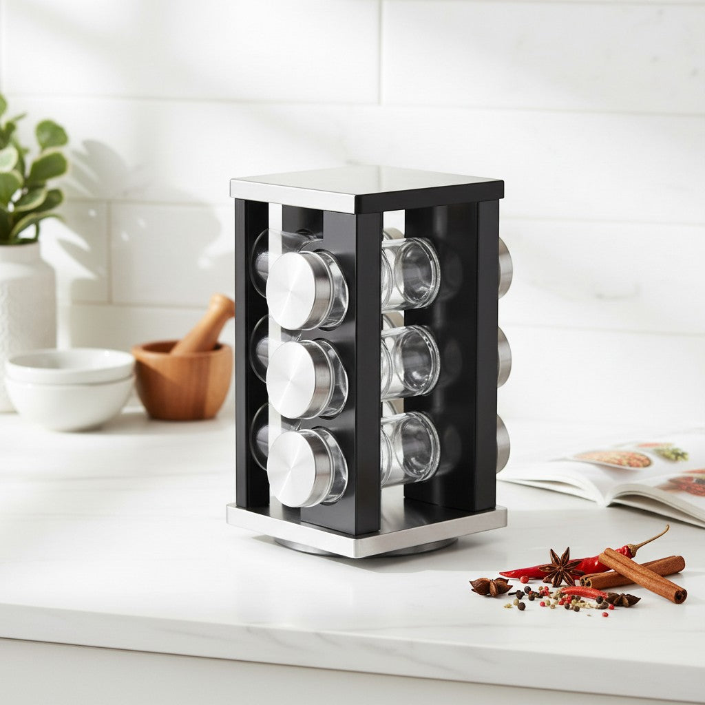 Tap2Own Spice Carousel 12 Jar Rotating Spice Rack Organizer with stainless steel accents and clear glass jars.
