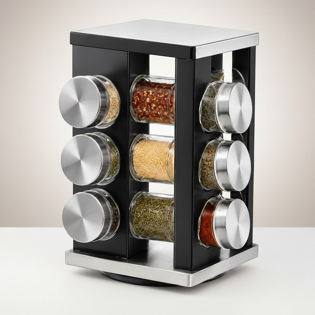 Tap2Own Spice Carousel 12 Jar Rotating Spice Rack Organizer with clear glass jars and stainless steel lids.
