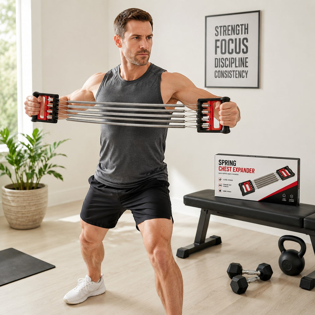 Tap2Own Spring Chest Expander with five steel springs and red comfort-grip handles, used by a man for upper body strength.