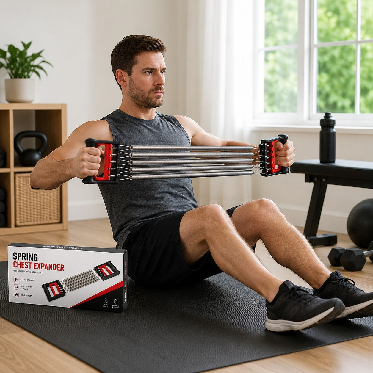Tap2Own Spring Chest Expander with 5 steel springs and red comfort-grip handles, used by a man for upper body strength.
