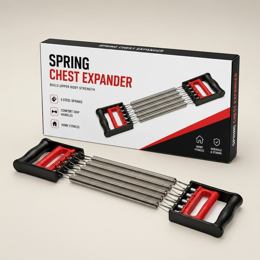 Tap2Own Spring Chest Expander with 5 steel springs and red comfort-grip handles for upper body strength training.