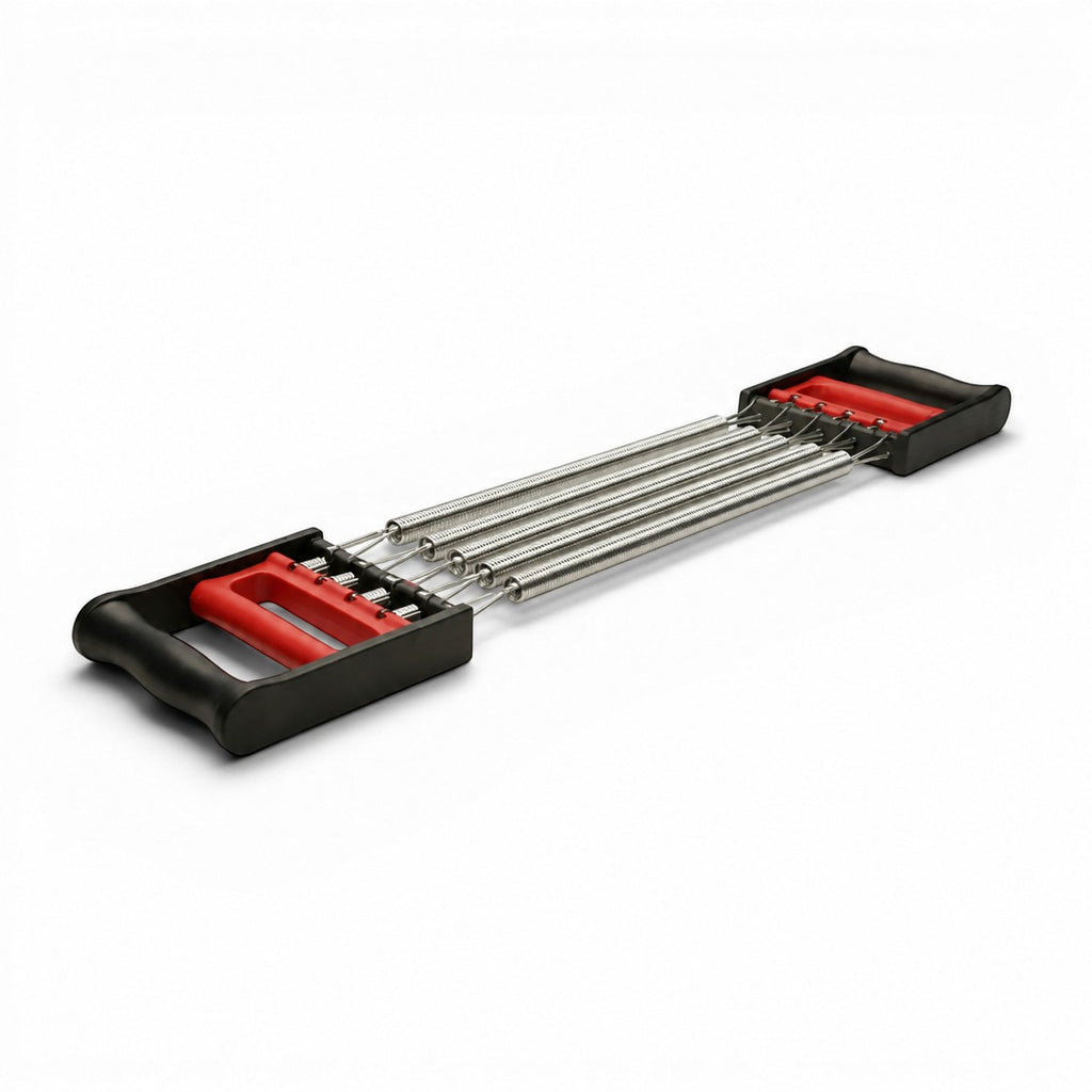 Tap2Own spring chest expander with five steel springs and red comfort-grip handles for upper body strength training.