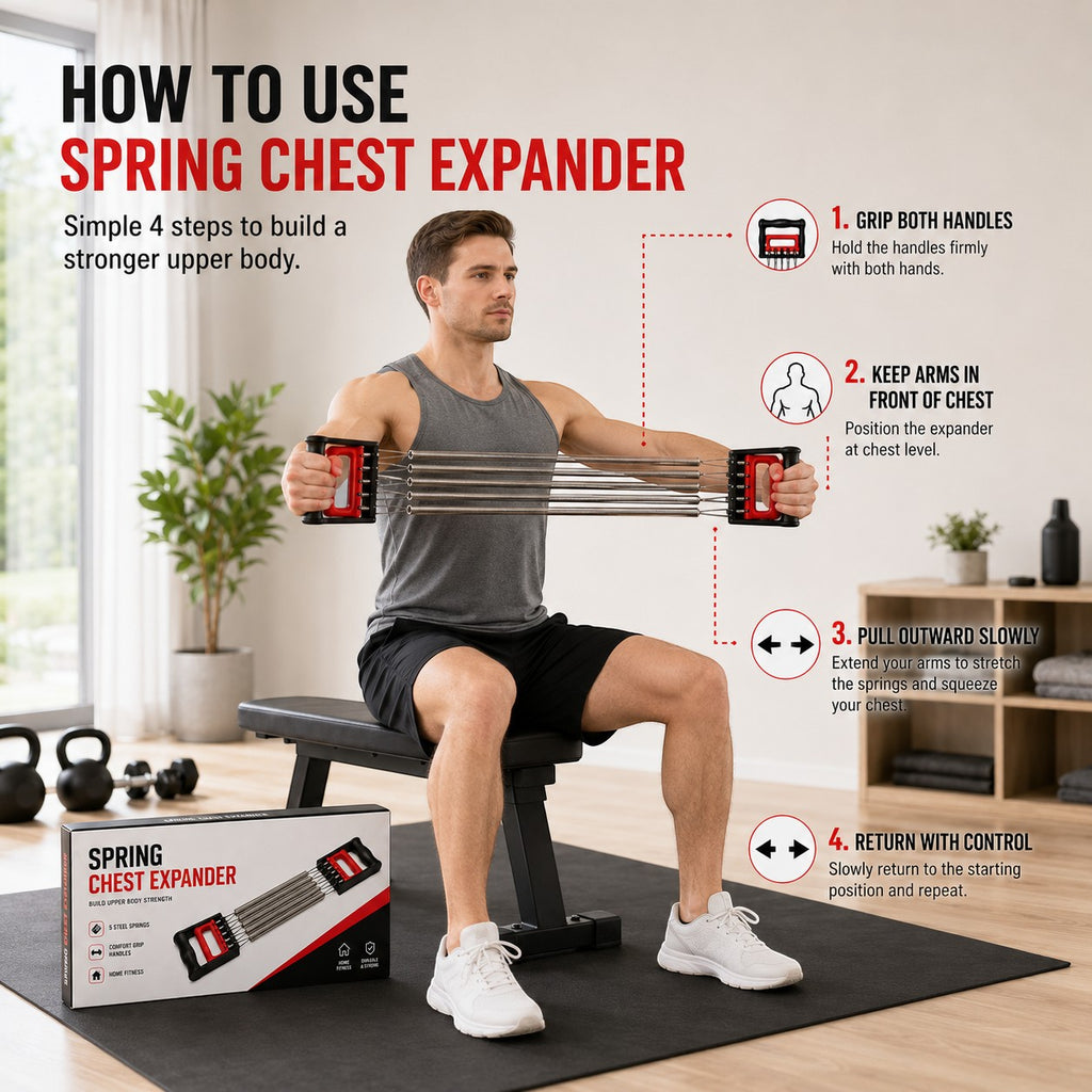 Tap2Own Spring Chest Expander with 5 steel springs and red comfort-grip handles, used by a man for upper body strength training.