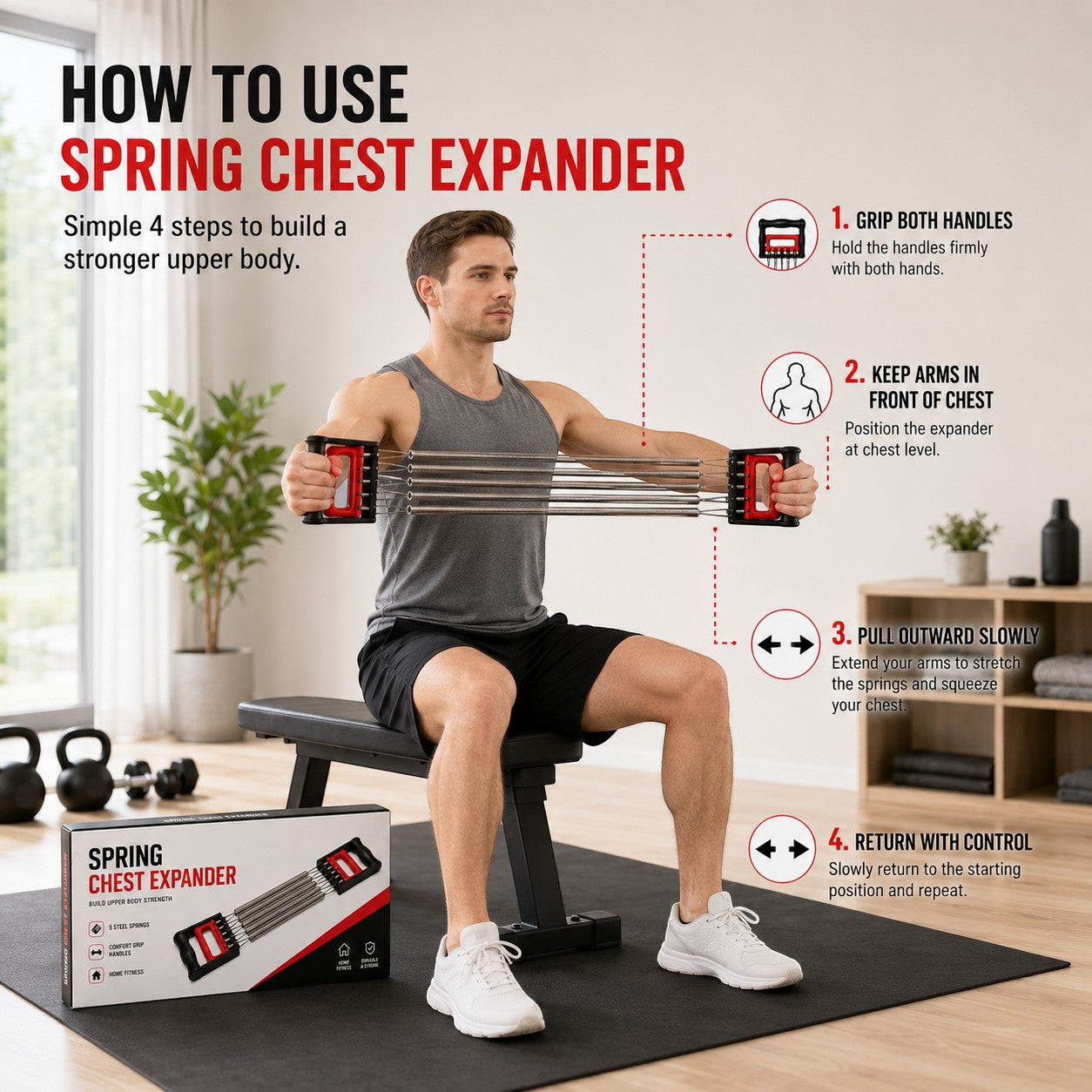 Tap2Own Spring Chest Expander with 5 steel springs and red comfort-grip handles, used by a man for upper body strength training.