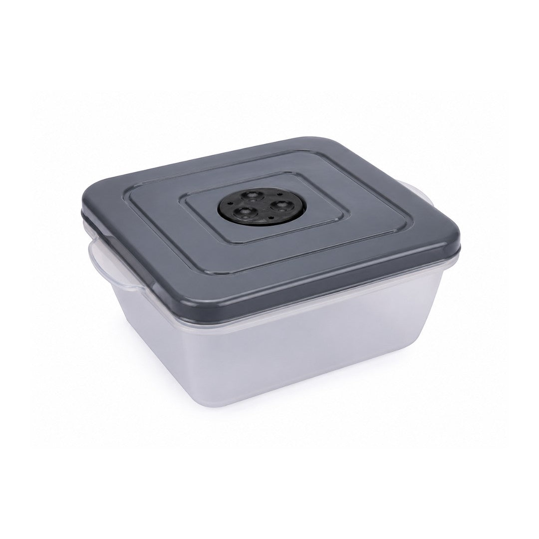 Tap2Own square food storage container with vacuum seal lid, made of clear plastic with a dark grey lid.