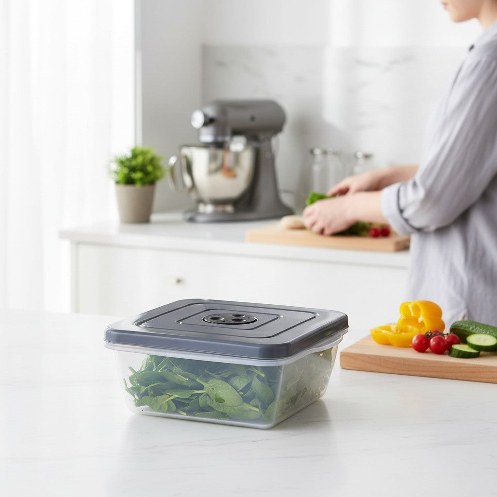 Tap2Own square clear plastic food storage container with dark grey vacuum seal lid, filled with spinach. Kitchen setting.