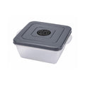 Tap2Own square food storage container with vacuum seal lid, clear plastic base and dark grey lid.
