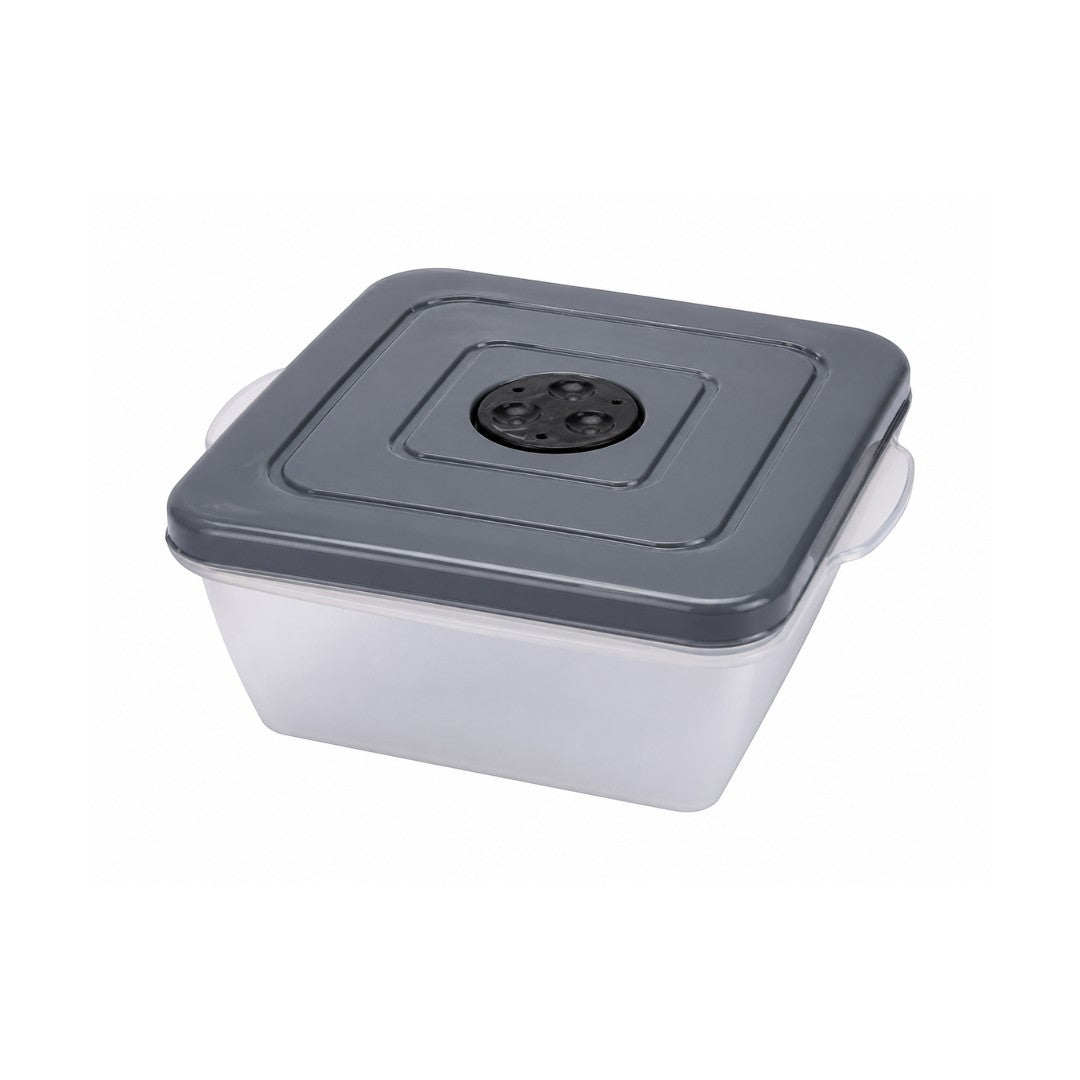 Tap2Own square food storage container with vacuum seal lid, clear plastic base and dark grey lid.