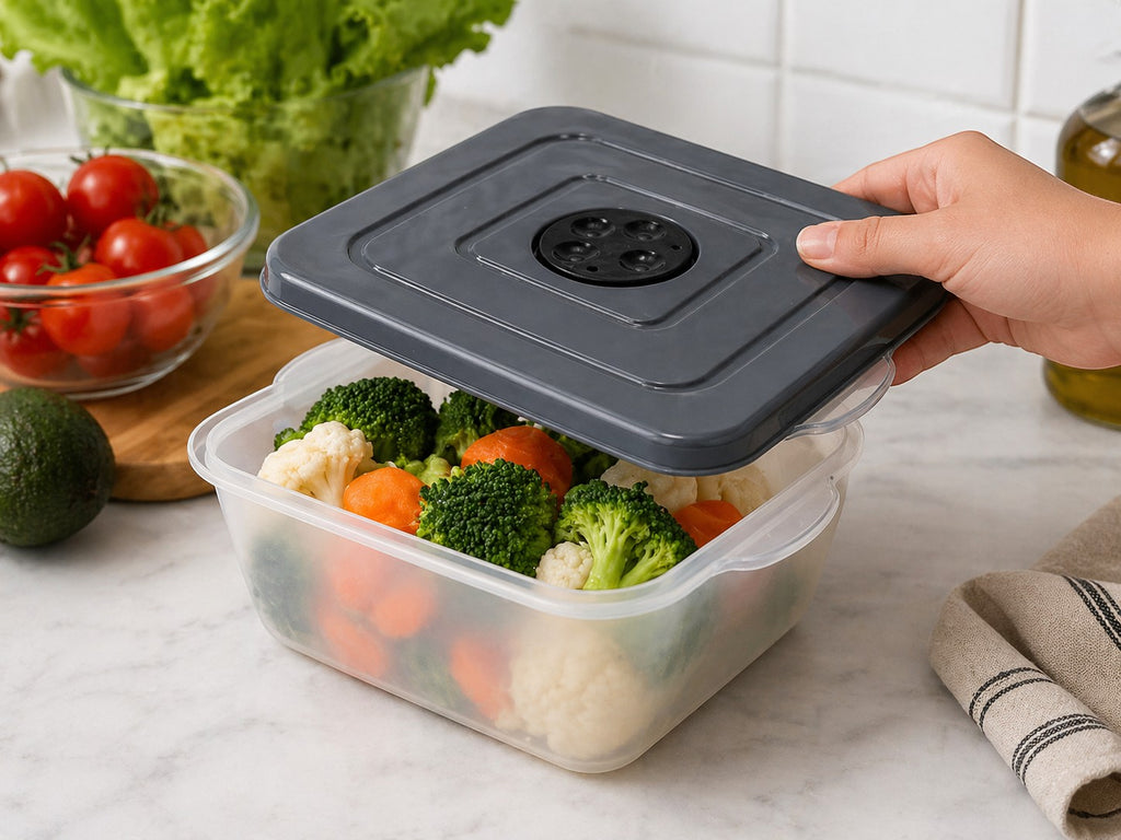 Tap2Own Square Food Storage Container with vacuum seal lid, filled with broccoli, cauliflower, and carrots.