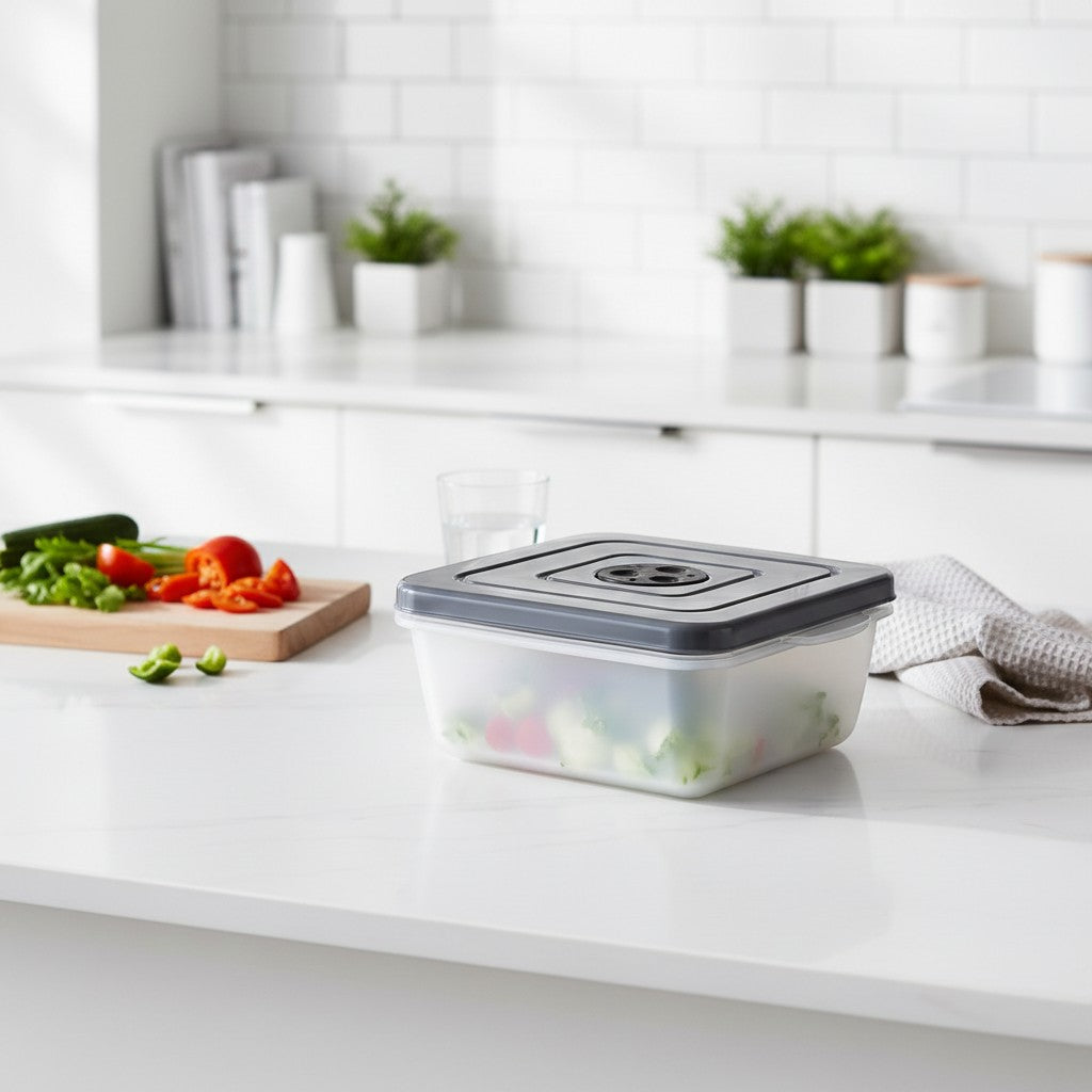 Tap2Own square food storage container with vacuum seal lid, made of clear plastic and grey lid, filled with chopped vegetables.
