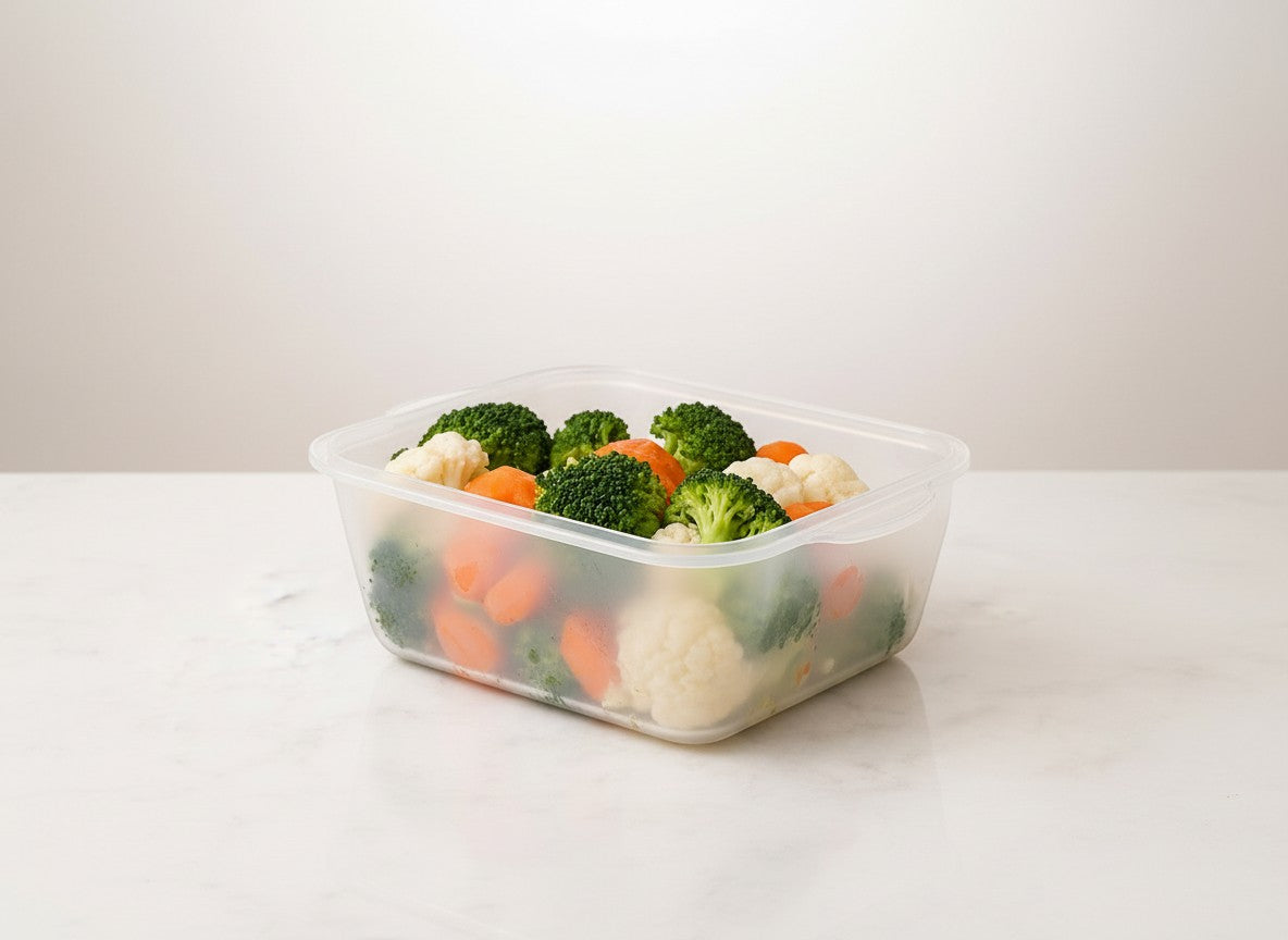 Tap2Own clear square plastic food storage container filled with broccoli, cauliflower, and carrots, featuring a vacuum seal lid.