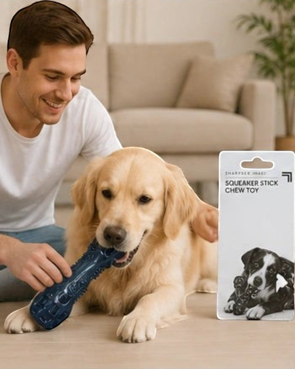 Tap2Own blue textured squeaker stick chew toy for dogs, designed for dental health and durability.