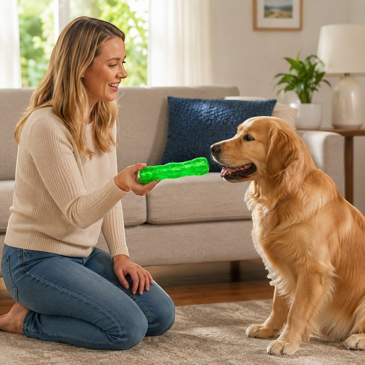 Tap2Own green textured squeaker stick chew toy for dogs, held by a woman playing with a golden retriever.
