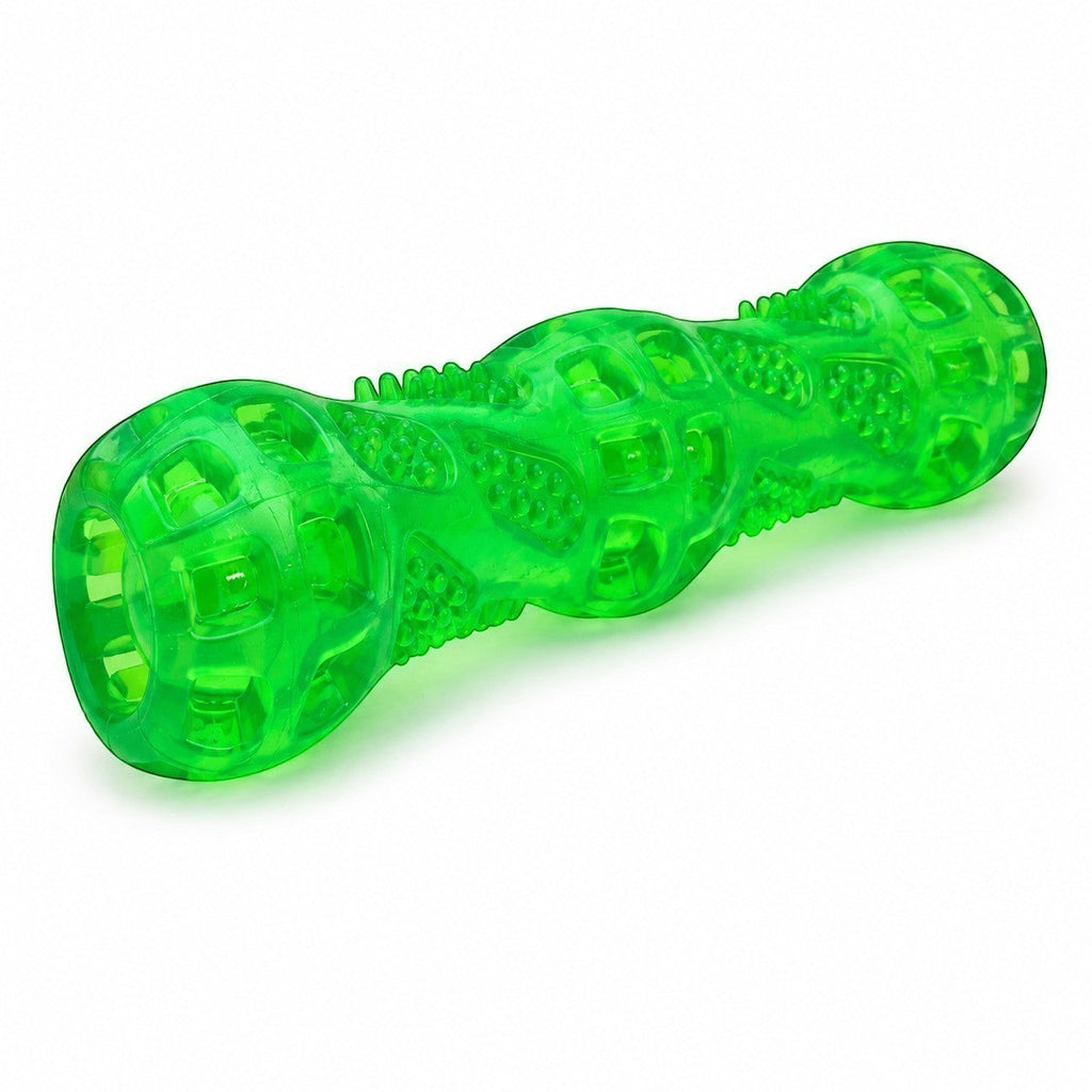 Tap2Own green textured squeaker stick dog chew toy with dental nubs and hollow ends.