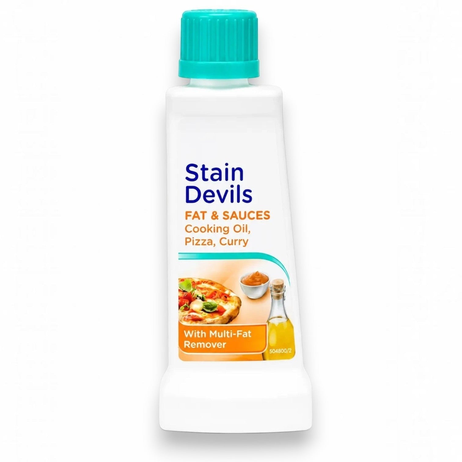 Tap2Own Stain Devils Fat & Sauces laundry stain remover bottle with a teal cap for grease and oil spills.