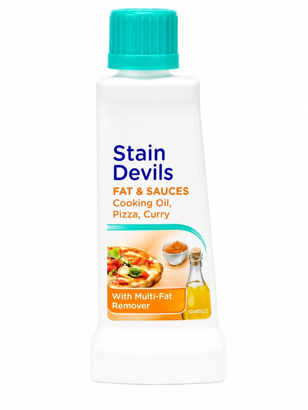 Tap2Own Stain Devils Fat & Sauces stain remover bottle with teal cap for cleaning cooking oil and grease stains.