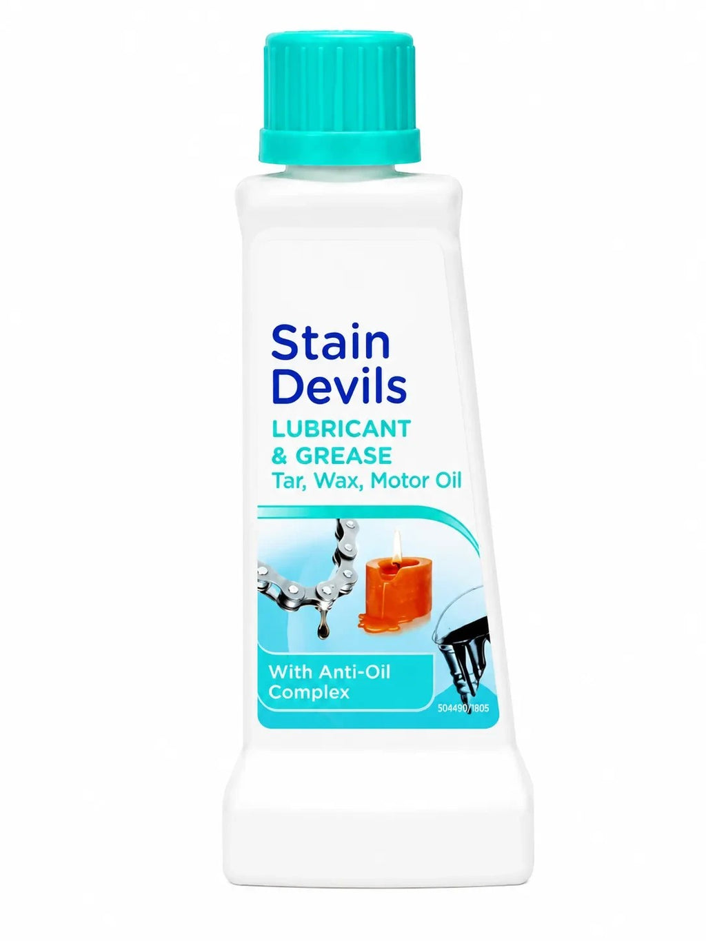Tap2Own Stain Devils Lubricant & Grease stain remover bottle for tar, wax, and motor oil with a teal cap.