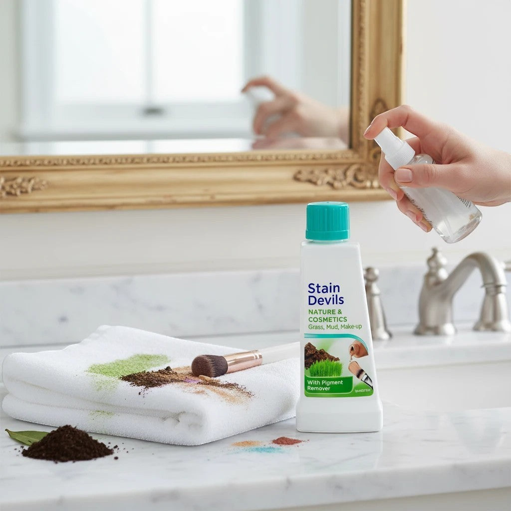 Tap2Own Stain Devils Nature & Cosmetics stain remover bottle on a bathroom counter with a stained white towel.