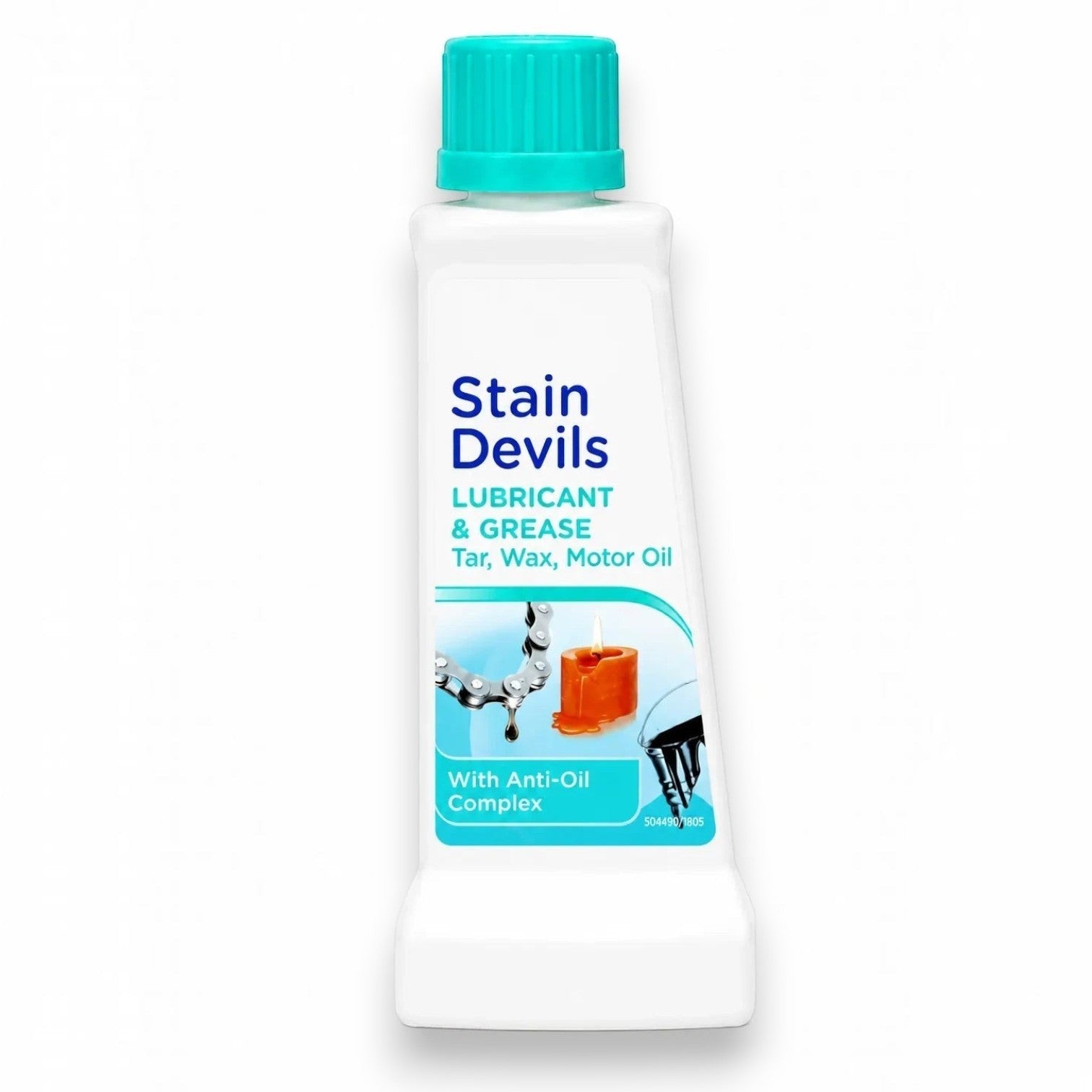 Tap2Own Stain Devils Lubricant & Grease laundry stain remover bottle with teal cap for removing tar, wax, and motor oil.