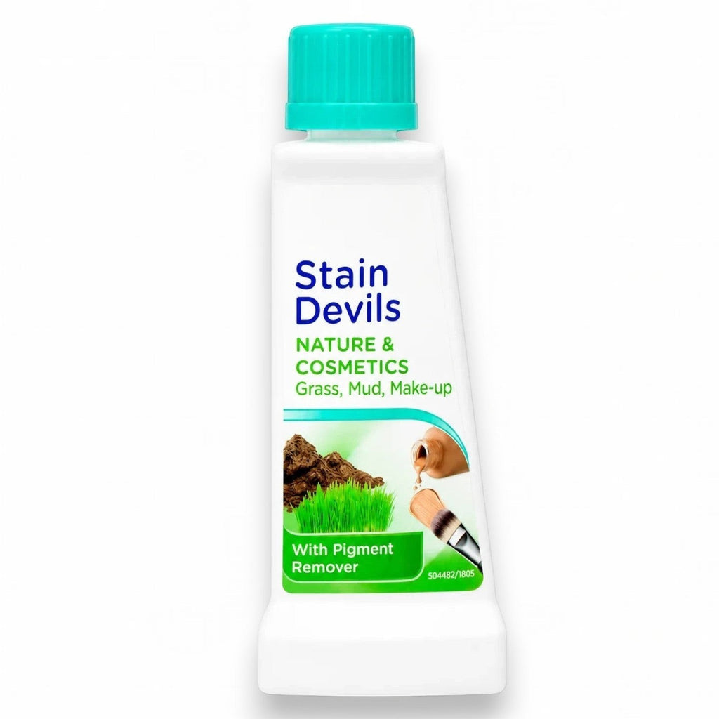 Tap2Own Stain Devils Nature & Cosmetics laundry stain remover bottle with a turquoise cap for grass, mud, and makeup.