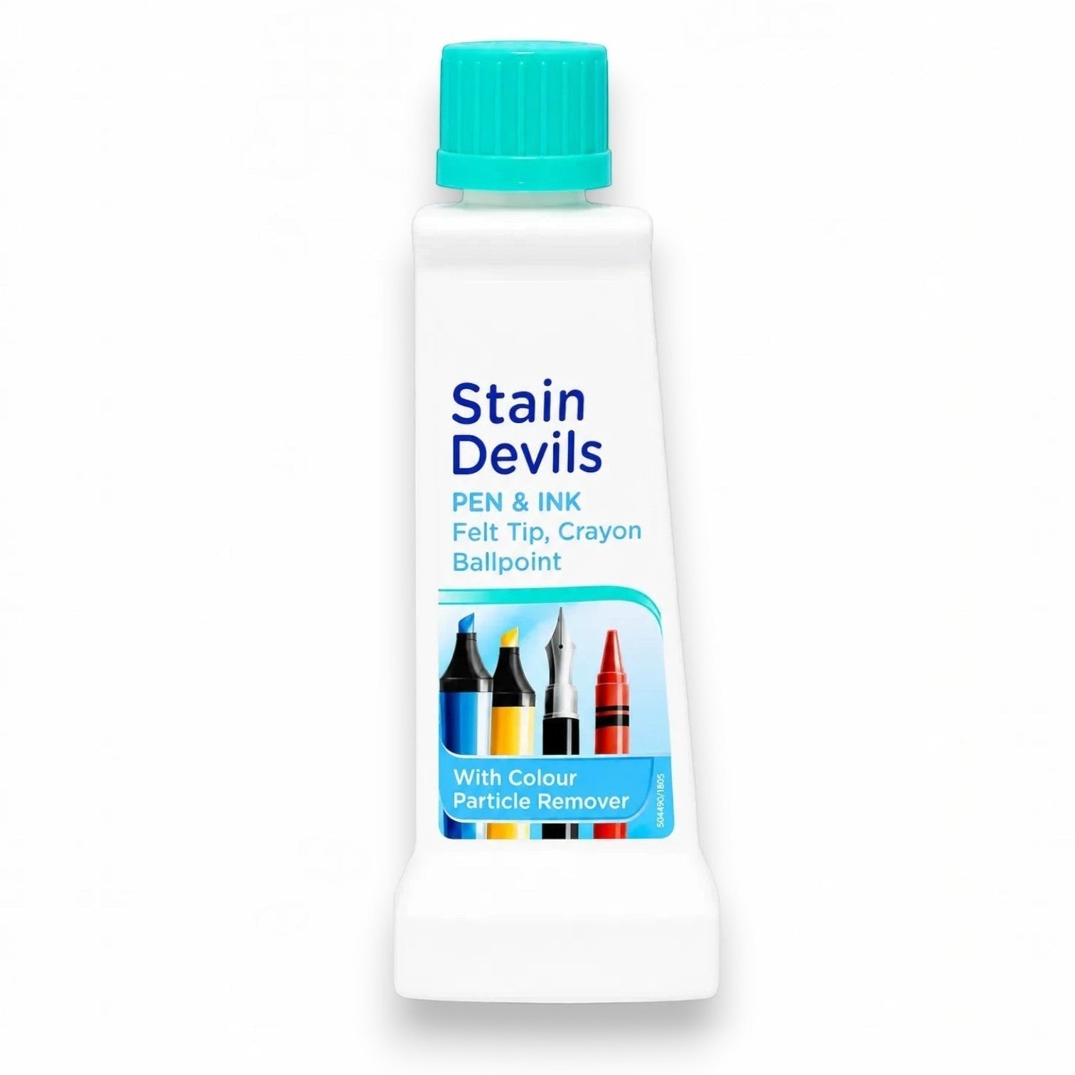 Tap2Own Stain Devils Pen & Ink laundry stain remover bottle with a turquoise cap and colourful marker illustrations.