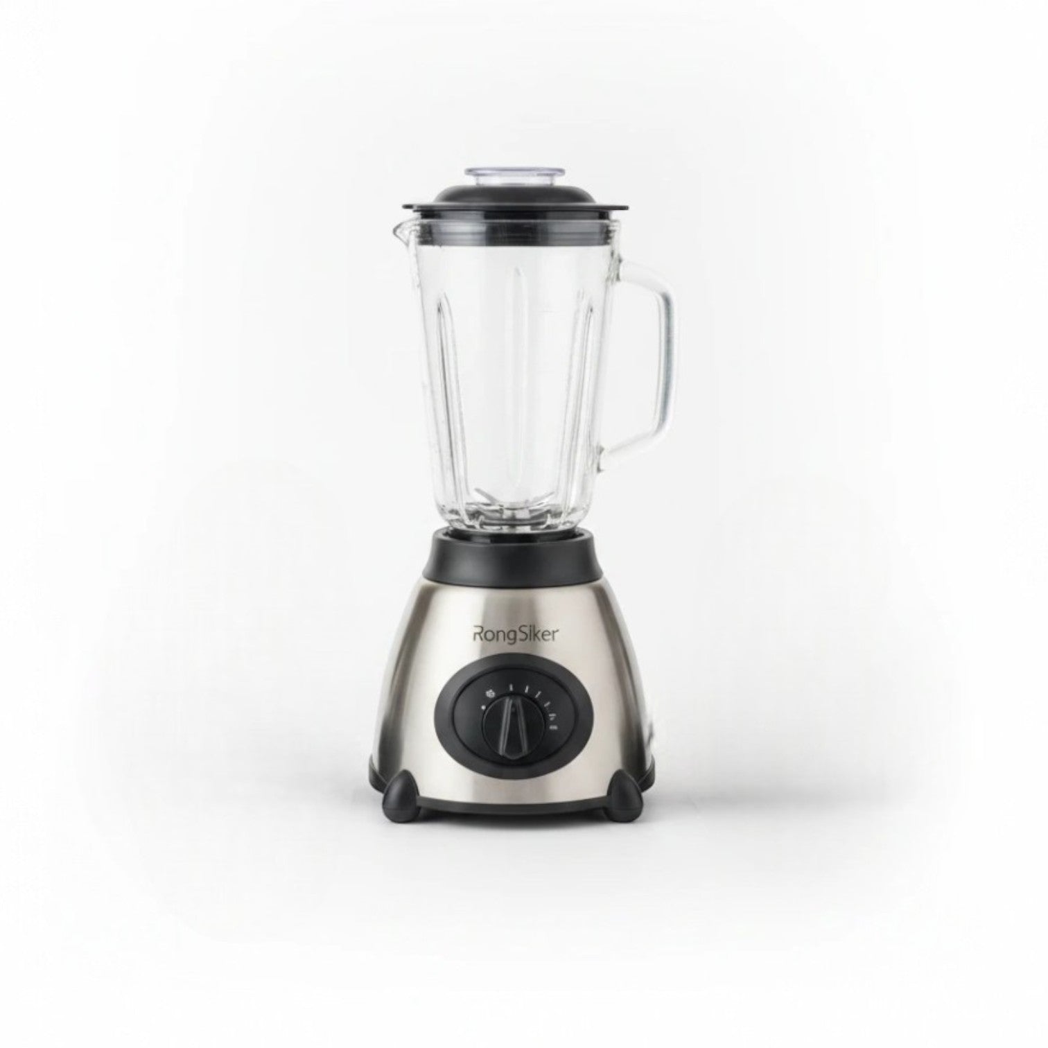 Tap2Own stainless steel blender with glass jar and two grinding cups. Features a dial control and black lid.
