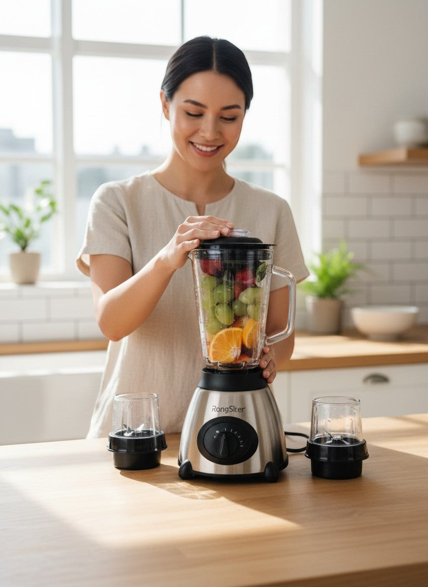 Tap2Own RongSiker stainless steel blender with glass jar filled with fruit, and two grinder cups on a wooden countertop.