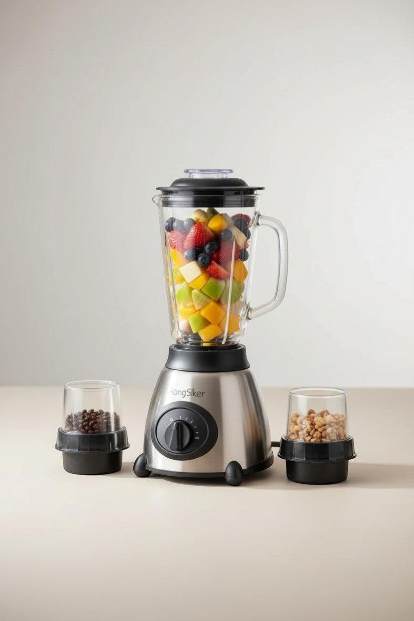 Tap2Own RongSiker stainless steel blender with glass jar filled with fruit and two grinder cups, one with coffee beans, one with nuts.