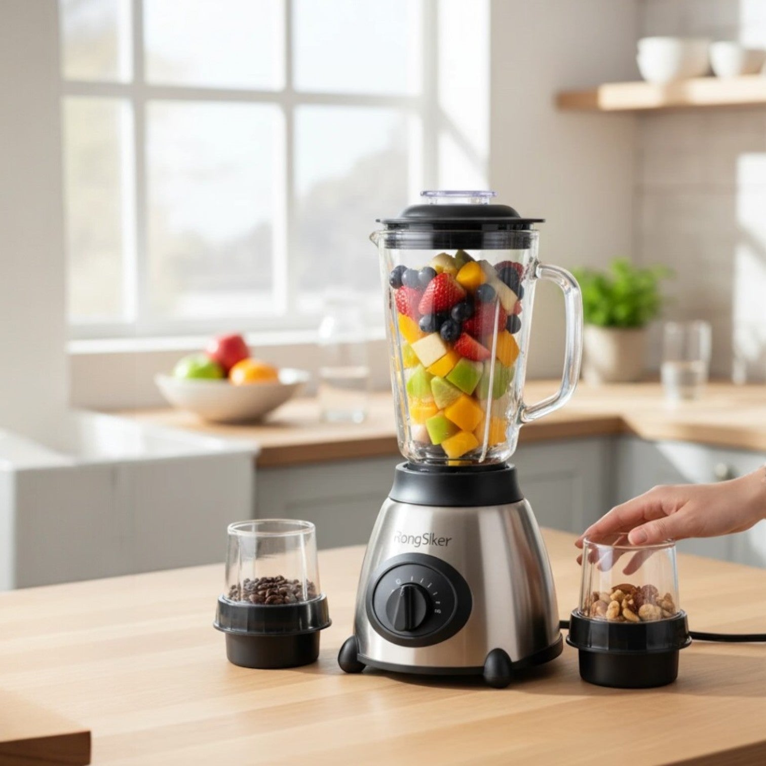 Tap2Own RongSiker stainless steel blender with glass jar filled with fruit, and two grinder cups with coffee beans and nuts.