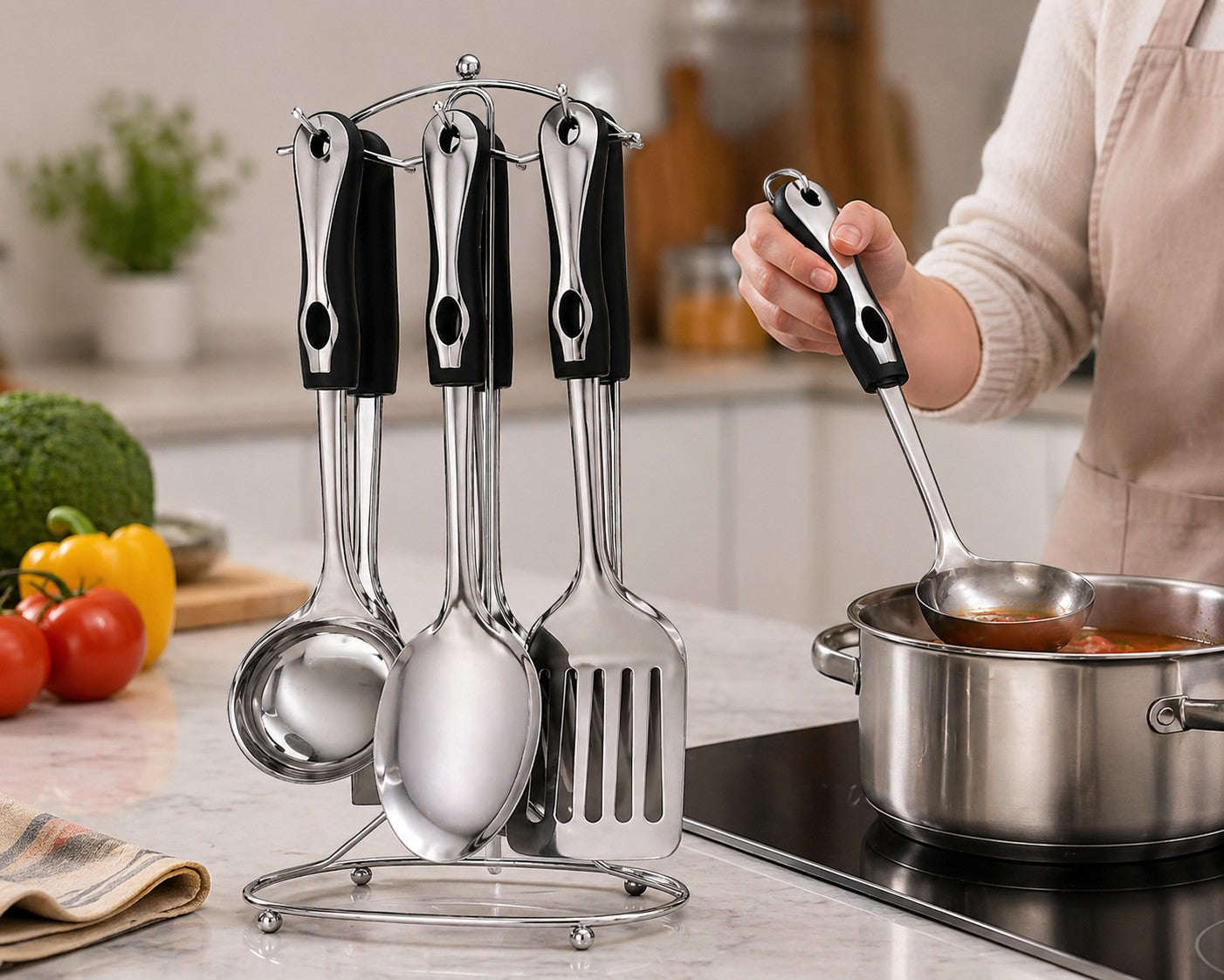Tap2Own stainless steel kitchen utensil set with black handles and chrome stand, includes ladle, spoons, and spatulas.