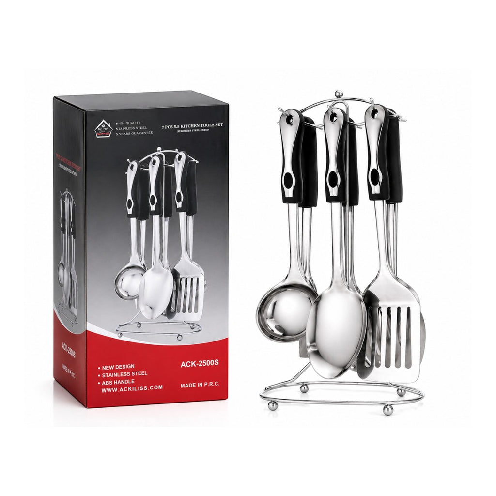 Tap2Own 6-piece stainless steel kitchen utensil set with black handles and chrome stand. Includes ladle, spoons, and spatulas.