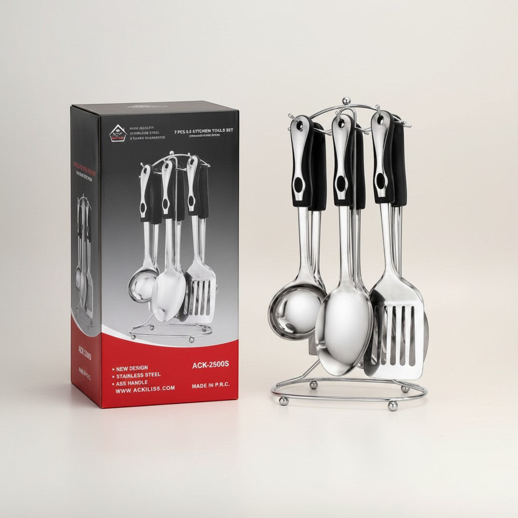 Tap2Own 6-piece stainless steel kitchen utensil set with black handles and chrome stand. Includes ladle, spoons, and spatulas.