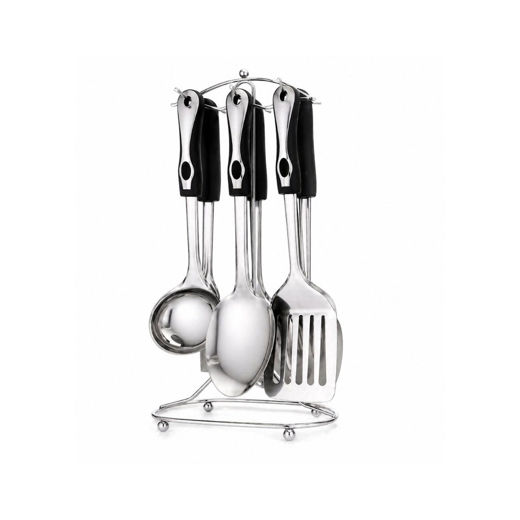 Tap2Own stainless steel kitchen utensil set with black handles and chrome stand, includes ladle, spoons, and spatulas.