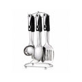 Tap2Own stainless steel kitchen utensil set with black handles and chrome stand, includes ladle, spoons, and spatulas.
