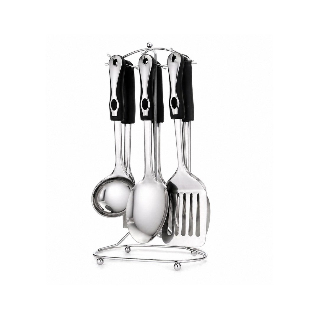 Tap2Own stainless steel kitchen utensil set with black handles and chrome stand, includes ladle, spoons, and spatulas.