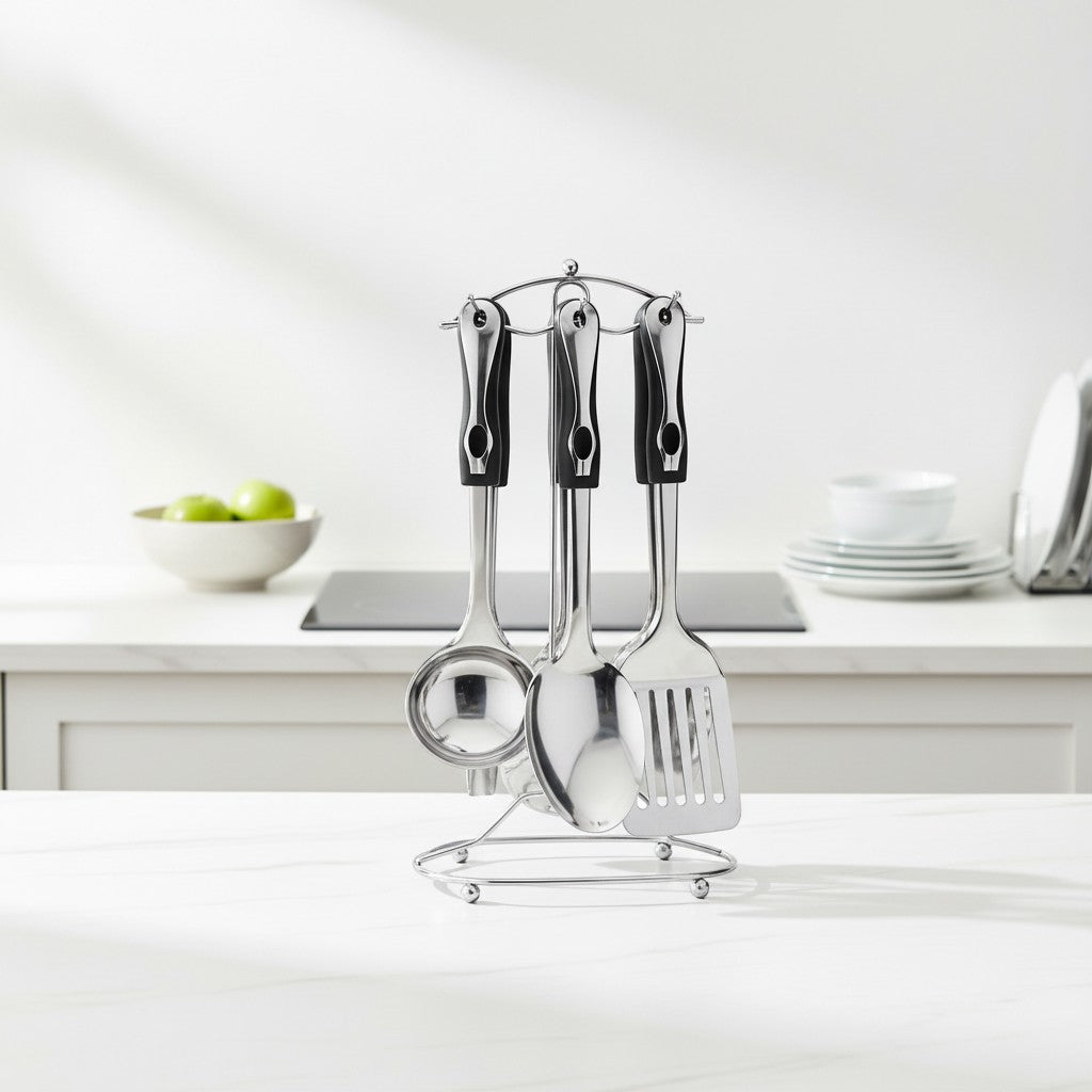 Tap2Own stainless steel kitchen utensil set with black handles on a chrome stand, including ladle, spoon, and spatula.