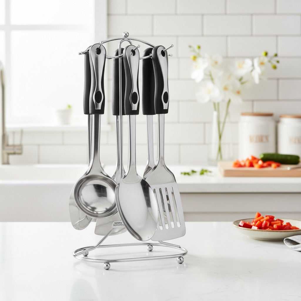Tap2Own stainless steel kitchen utensil set with black handles and chrome stand, includes ladle, spoons, and spatulas.