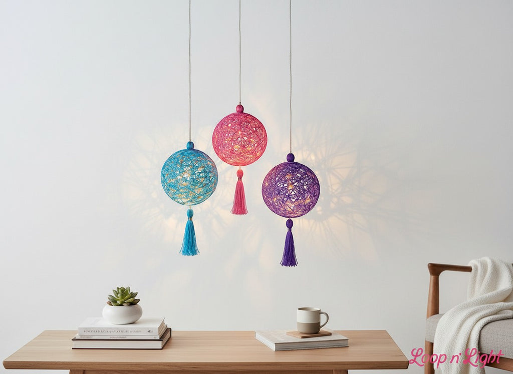 Tap2Own Loop n Light Lanterns Craft Kit with blue, pink, and purple string lanterns with tassels, illuminated.