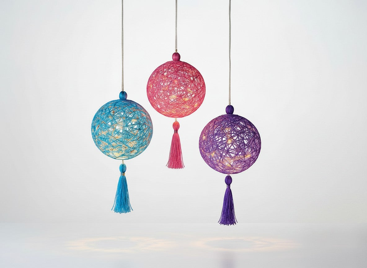 Tap2Own Loop n Light Lanterns Craft Kit: three handmade string ball lanterns in blue, pink, and purple, each with a tassel and fairy lights.
