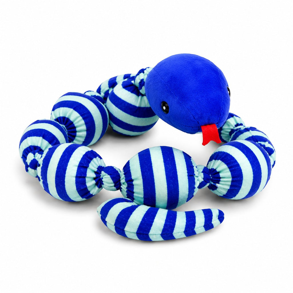 Tap2Own blue and white striped plush snake cat toy with red tongue detail.