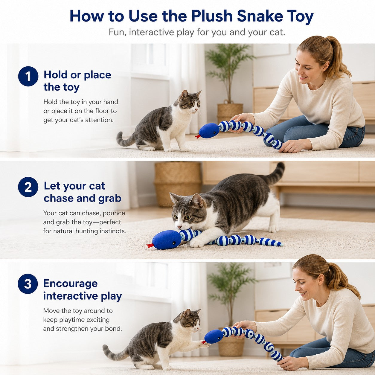 Tap2Own blue and white striped plush snake cat toy with red eyes, perfect for interactive play and hunting instincts.