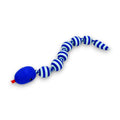 Tap2Own blue and white striped plush snake cat toy with segmented body and red tongue.